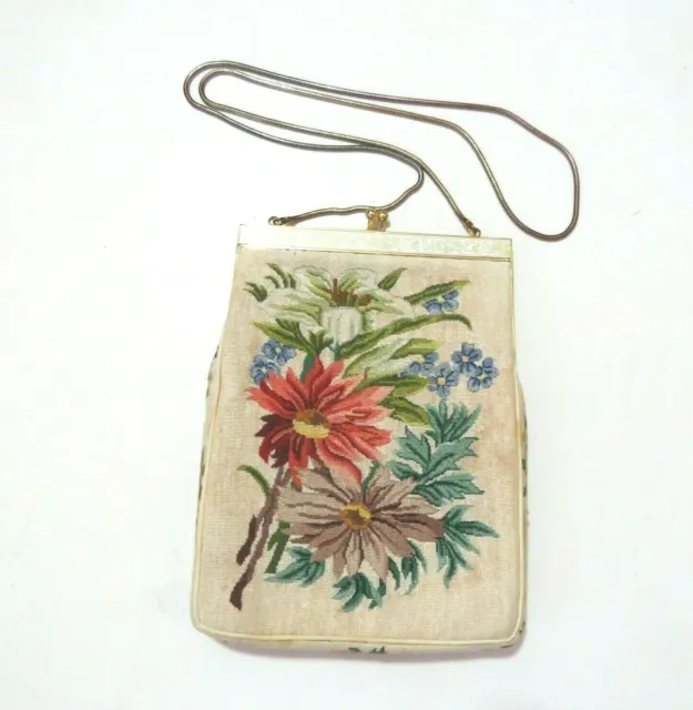 Vintage Petit Needle Point Floral Evening Purse Handbag 6x8.5 in