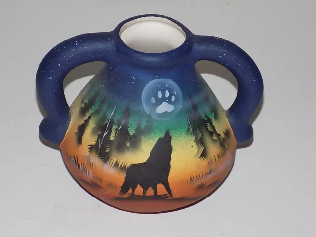 Vintage RW Adamson Wolf Night Scene Native American Pottery Vase