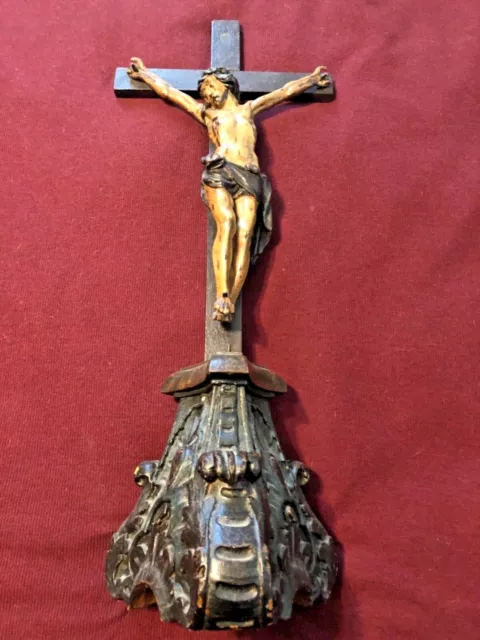 Beautiful Baroque Carved Wood Crucifix Ca. 1750 French Strasbourg Polychromed