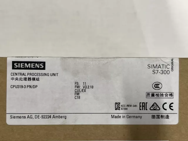 Siemens Simatic S7-300 6ES7 318-3EL01-0AB0 CPU Brand New Sealed CPU319-3 PN/DP