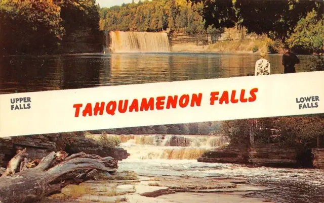 MI, Michigan TAHQUAMENON FALLS Large Letter Chrome UPPER & LOWER VIEWS Postcard
