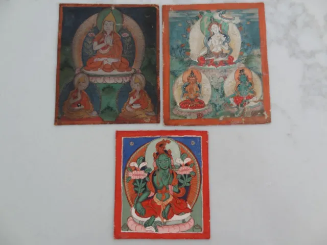 ANTIQUE MONGOLIAN BUDDHIST SMALL THANGKA  PAINTINGS TSAKLI  3 pc