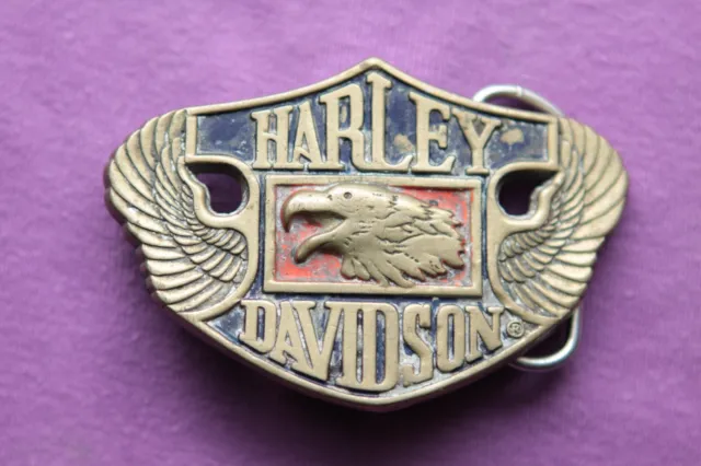 Vtg Rare Baron Solid Brass Harley Davidson Eagle Wings Bikers Belt Buckle