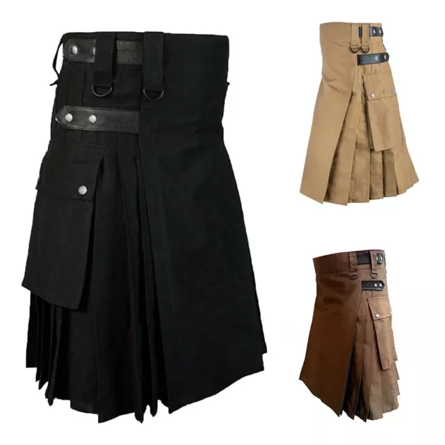 Mens Vintage Kilt Scotland Gothic Fashion Kendo Pocket Skirts Scottish Clothing