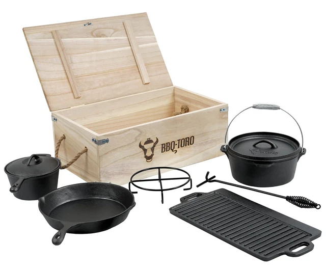 BBQ-Toro 7-teiliges Dutch Oven Set mit Holzkiste und viel Gusseisen Grillzubehör