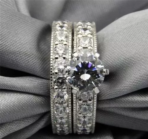 1.50ct round diamond unique ring set bridal women engagement 14k white gold over