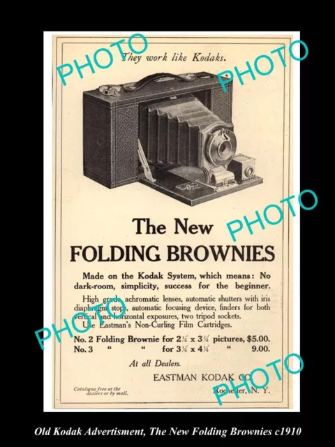 OLD LARGE HISTORIC KODAK CAMERA ADVERTISMENT THE NEW FOLDING BROWNIES c1910