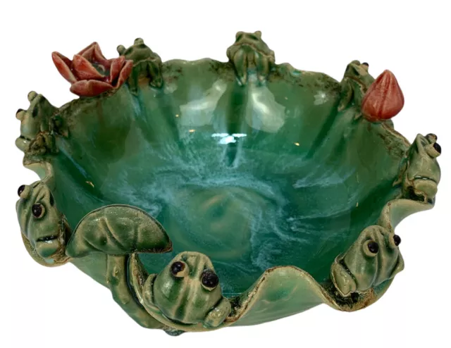 Stunning Art Pottery Studio Frog & Flowers Planter Bowl Vase Glazed Majolica