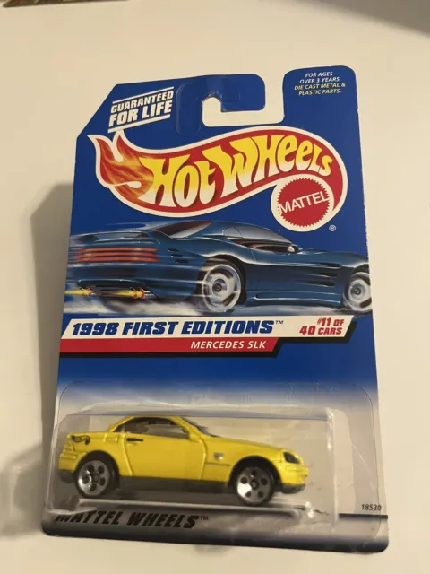 1998 Hot Wheels First Edition Mercedes SLK Yellow w/5 Hole Hub Wheels