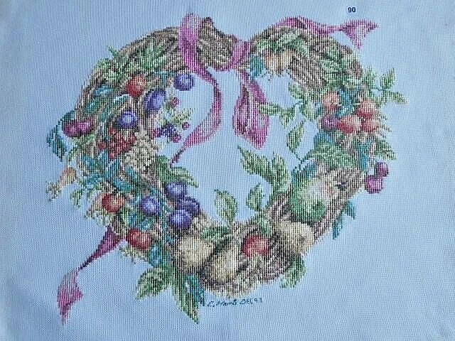 Komplett Kreuzstichbild FRUCHTBLÄTTER HERZGIRLANDENKRANZ 33x27cm