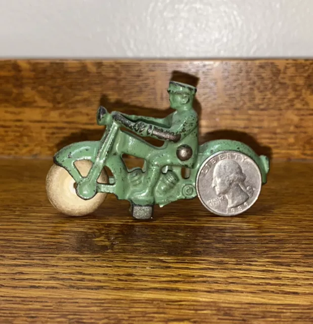 Antique Miniature 3” Cast Iron Green Hubley Motorcycle Toy  Rubber Tires Rare