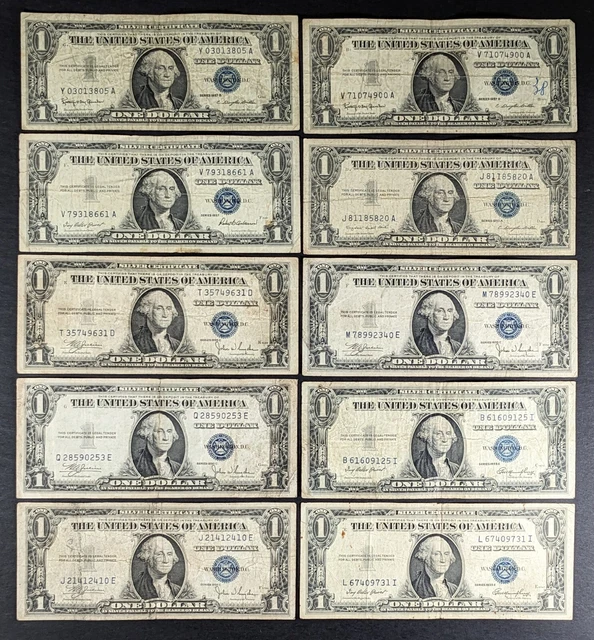 1935 and 1957 US Silver Certificate One Dollar Notes Lot of 10