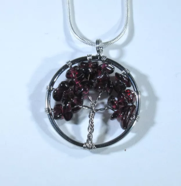 Rhodolite Garnet Tree of Life Crystal Necklace Chip Stone Reiki Energy Pendant