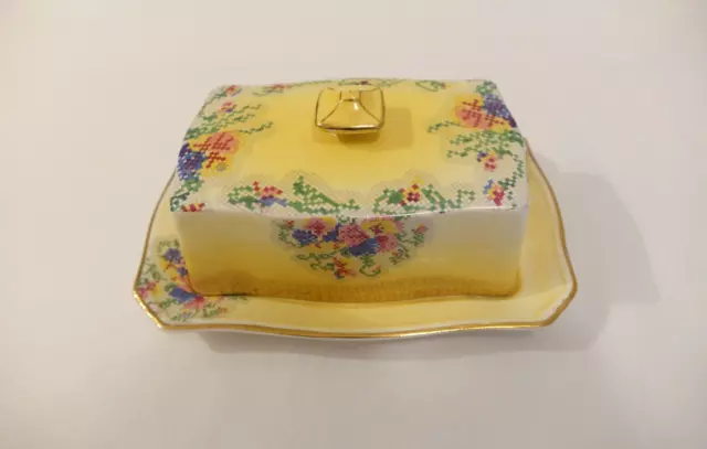 Antique Royal Winton Grimwades Victorian Butter Dish Petit Point Yellow Gold Rim