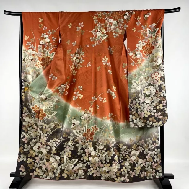 Japanese kimono SILK"FURISODE" long sleeves, Gold thread/leaf,Plants,L64"..1958