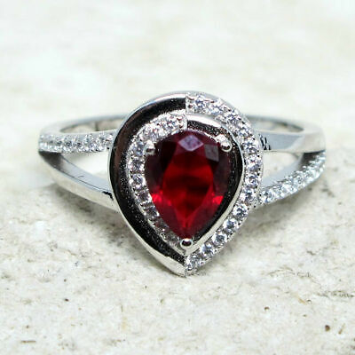 Remarkable 1 Ct Pear Ruby Red 925 Sterling Silver Ring Size 5-10