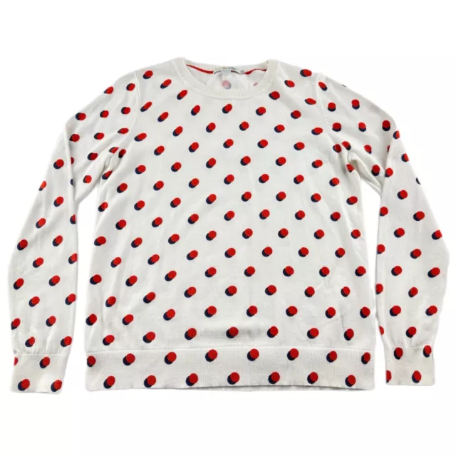 Boden 100% Cotton White Crew Neck Sweater Red & Blue Polka Dots Women’s Size M