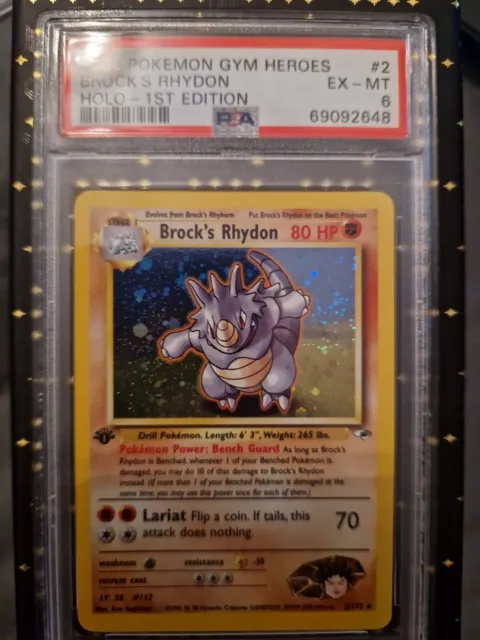 PSA 6 1st Edition Brock's Rhydon 2/132 Gym Heroes Holo Pokemon Card WOTC - Mint