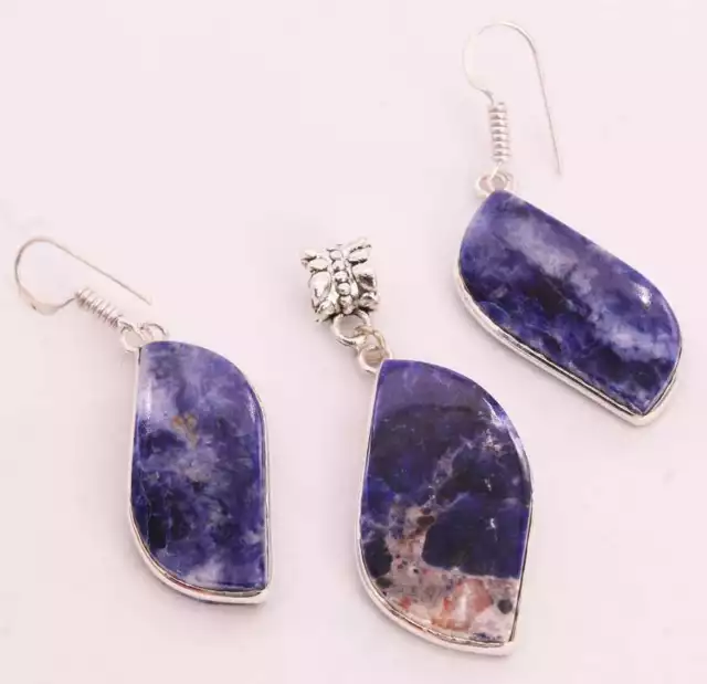 Sodalite 925 Silver Plated Handmade Pendant & Earrings Set of 2"