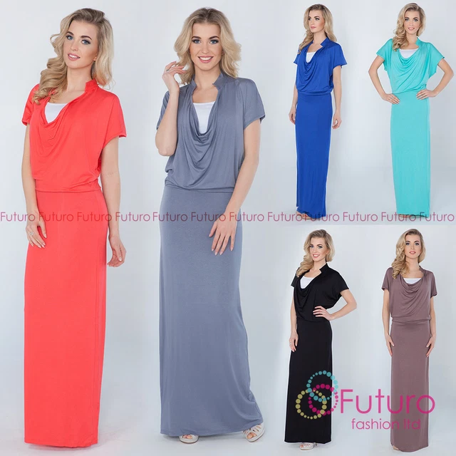 Maxi abito da sera da donna lunghezza intera collo a maniche corte taglie 8-14 8202