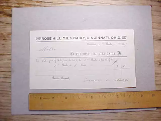 1857 Pre Civil War Era Rose Hill Dairy Cincinnati Milk Receipt Filled Out Vg+