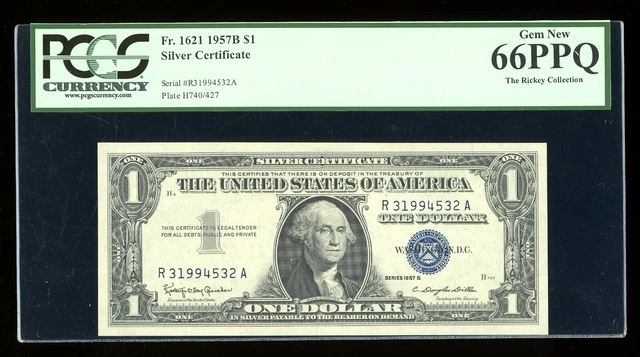 DBR $1 1957-B Silver Gem Fr. 1621 RA Block PCGS 66 PPQ Serial R31994532A