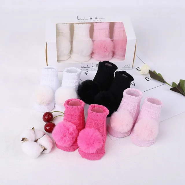 Baby Newborn Knitted Pom Pom Booties Pink Soft Touch Boy & Girl White 2 Pairs