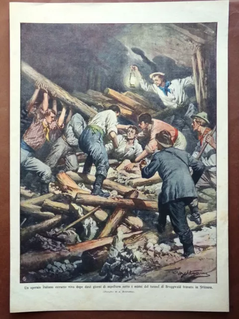 Retrocopertina Domenica Corriere nr. 28 del 1909 Operaio Frana Bruggwald Tunnel