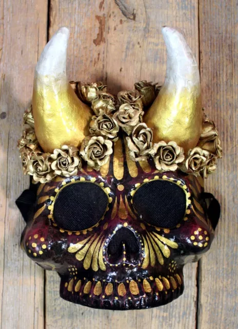 Day of the Dead Demon Skull Mask Flowers Papier Mache Handmade Mexican Folk Art