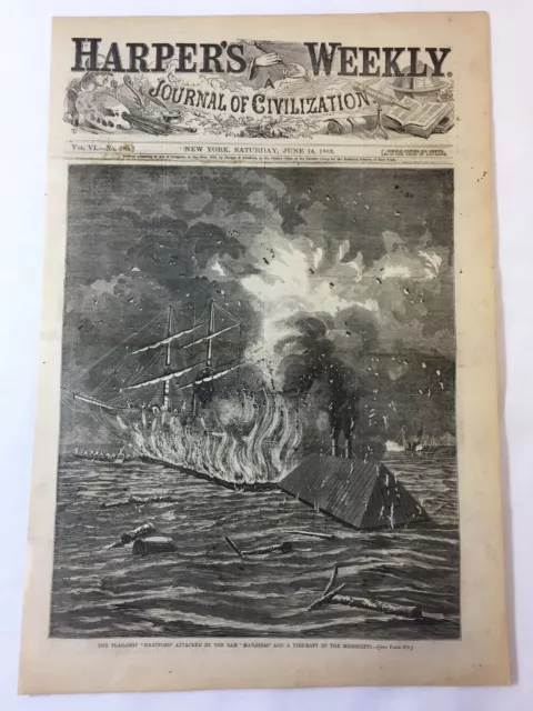 1862 magazine engraving~11x16 ~ FLAGSHIP 'HARTFORD' ATTACKED BY 'MENASSAS'