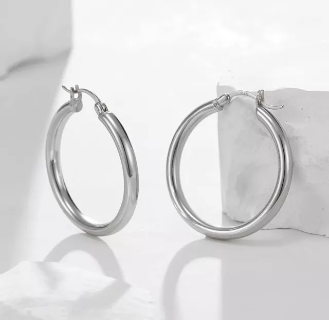 925 Solid Sterling Silver Classic French Lock Hoops 30MM Round High Polish