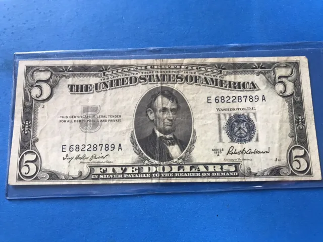 1953 A Blue Seal $5 Five Dollar Silver Certificate .....Lot #21c