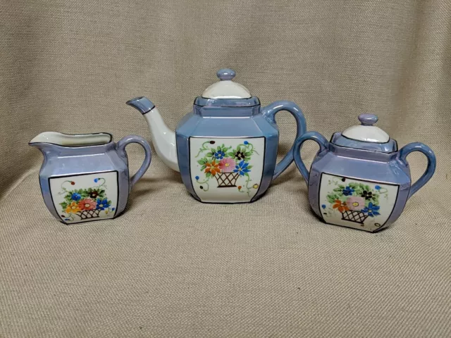 Vtg Handpainted Japanese Lusterware  Teapot, Creamer & Sugar w/ Lid