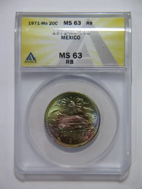 Mexico 1971 20 Centavos Pyramid Rainbow Toned Anacs Graded World Coin 🌈⭐🌈
