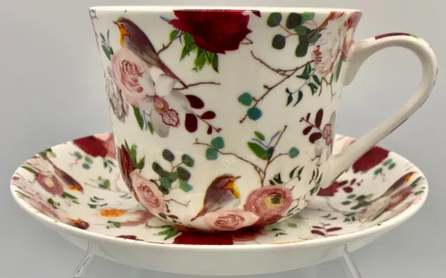 Heritage Stoke On Trent Fine Bone China Breakfast Cup/Saucer- Bird Bouquet - A+