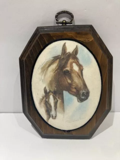 Vintage Horse sand blasted wood plaque w Hook - Mare and Foal