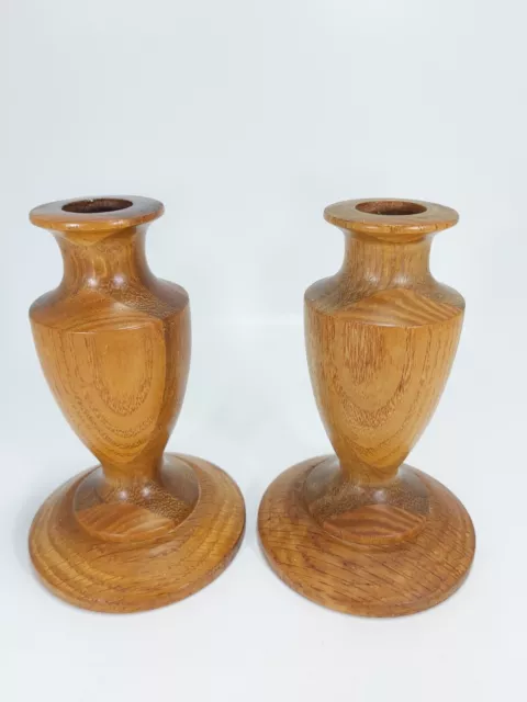 Candlesticks Wooden  Pair Vintage Hand Crafted Multi Wood Table MCM Treen 2