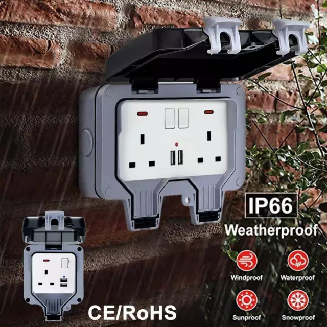 Outdoor Waterproof Outside 13A 2 Gang Twin Switched Double Socket Plug Socket UK