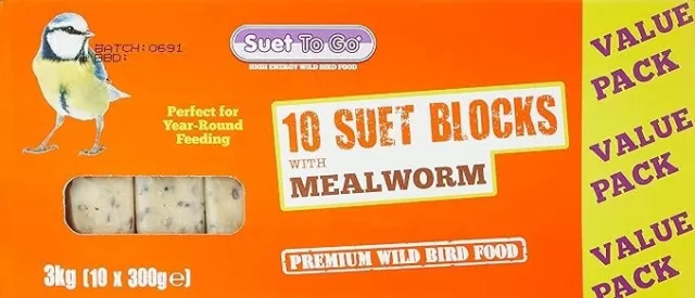 Suet To Go Mealworm Suet Block Wild Bird Treat, 10 x 300 g