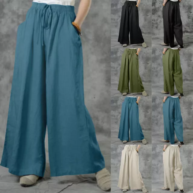 Womens Plain Cotton Linen Baggy Pants Ladies Summer Casual Wide Leg Trousers AU