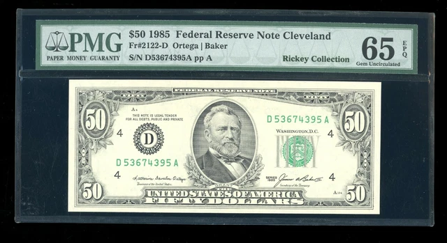 DBR 1985 $50 FRN Cleveland Fr. 2122-D Gem PMG 65 EPQ Serial D53674395A