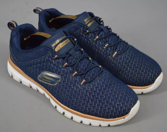 Ladies Navy Blue & Gold Skechers memory Foam Bungee Lace Up Trainers UK 7, EU 40