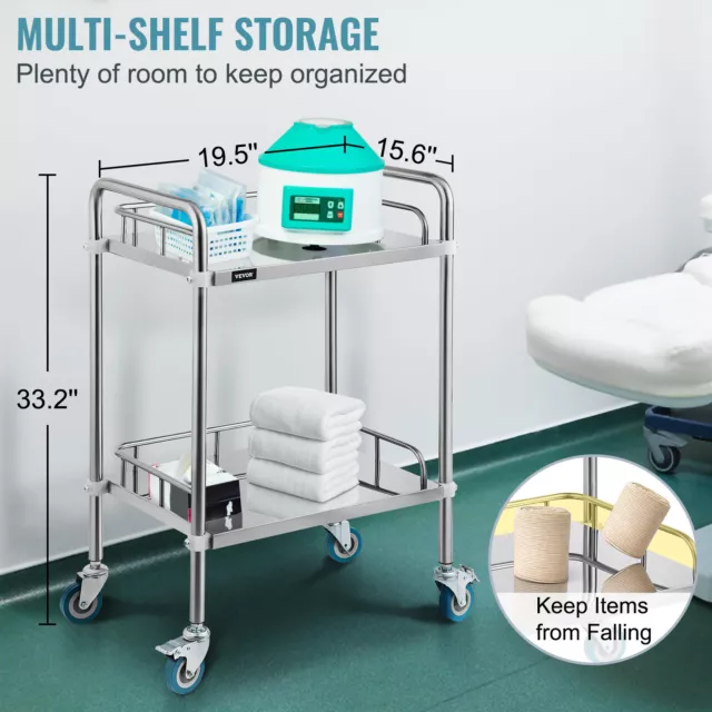 VEVOR 2 Tiers Medical Trolley Stainless Steel Dental Lab Mobile Rolling Cart 3