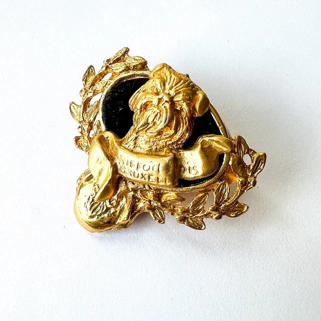 RARE Brussels Griffon Gold Tone Dog Show Brooch Pin w/ Ribbon / Ring Number Clip
