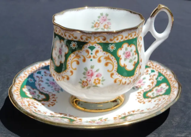 Vintage ROYAL DOVER Bone China England TEACUP & SAUCER Green Roses Gold Accent