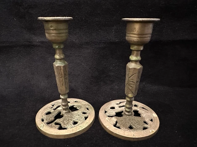 Antique Solid Brass Dragon Small Candlesticks (2) Marked READ