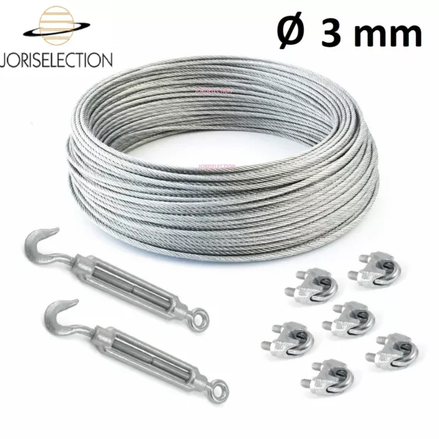 Câble acier galvanisé  Ø  3 mm + 6 serre-câble et 2 tendeurs  LONGUEUR  AU CHOIX