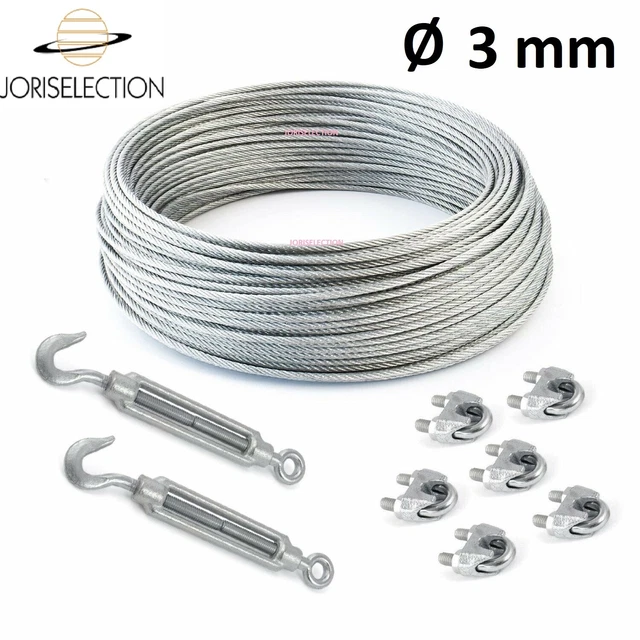 Câble acier galvanisé  Ø  3 mm + 6 serre-câble et 2 tendeurs  LONGUEUR  AU CHOIX