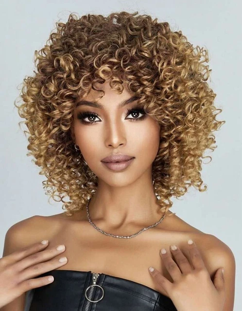 Perruque Synthétique Afro Bouclée Courte - Couleur Brun Foncé/doré - Taille Moyenne Avec Bonnet +4