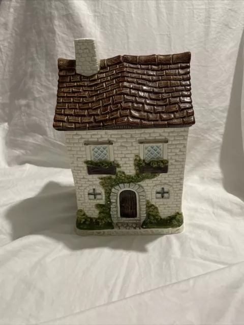 Lovely Otagiri Cookie Jar Canister Hand Painted Ceramic Thatched Cottage Shaped